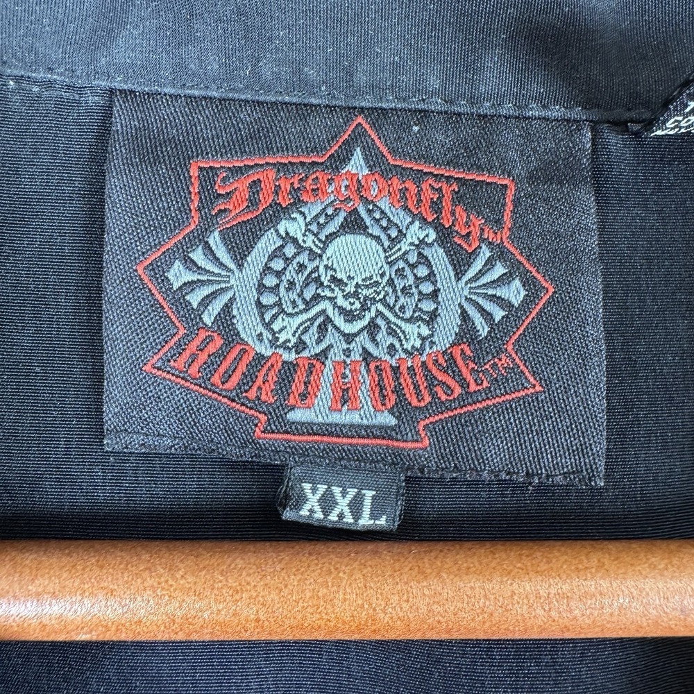 Vtg Dragonfly Roadhouse Shirt Mens XXL Black Button Up‎ Skull 8 Ball Biker Dice - Picture 2 of 11